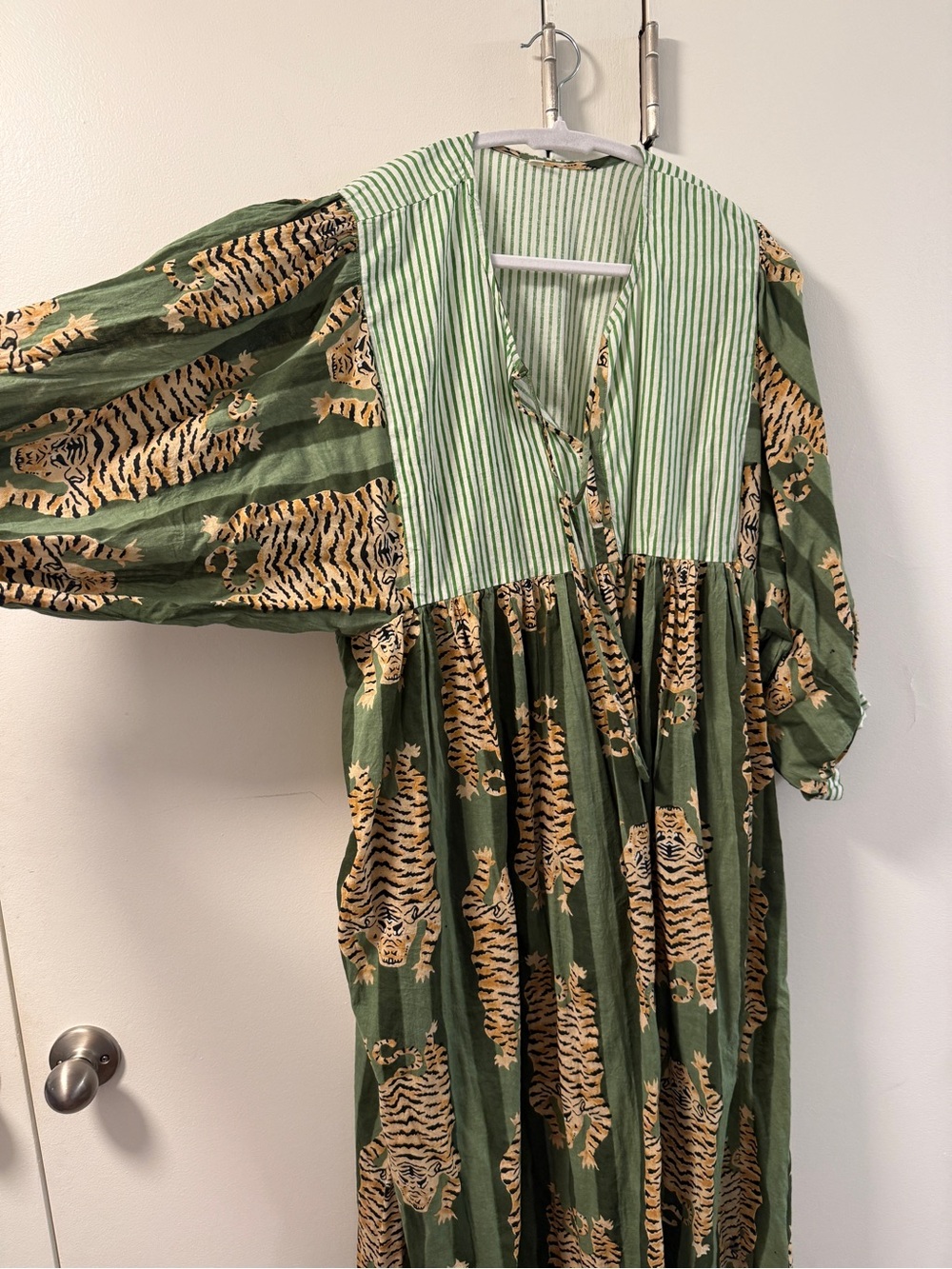 Green Tiger Print Maxi Dress with Striped Yoke